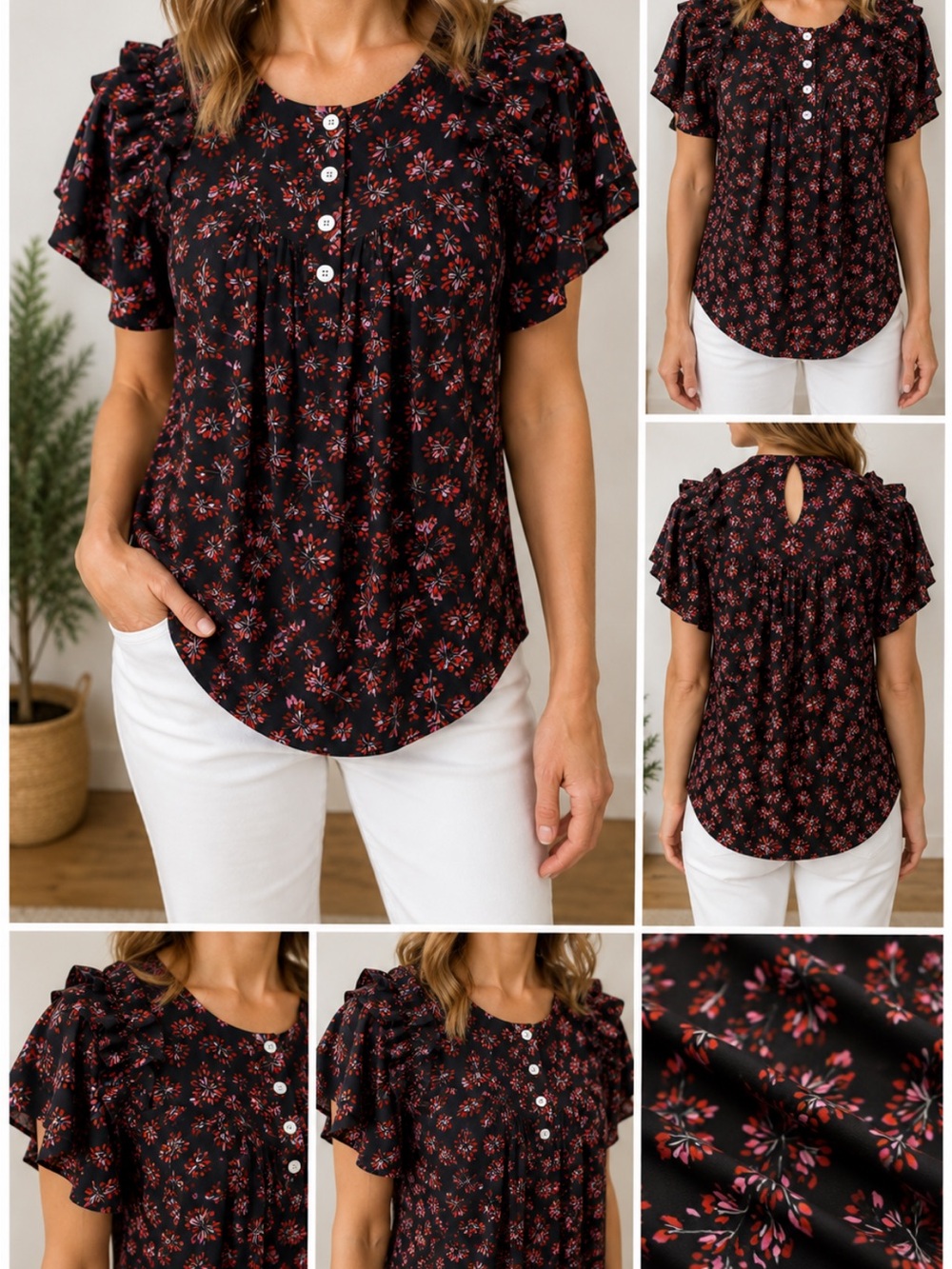 LOFT Black Blouse with Pink Floral Print and Short Puff Sleeves